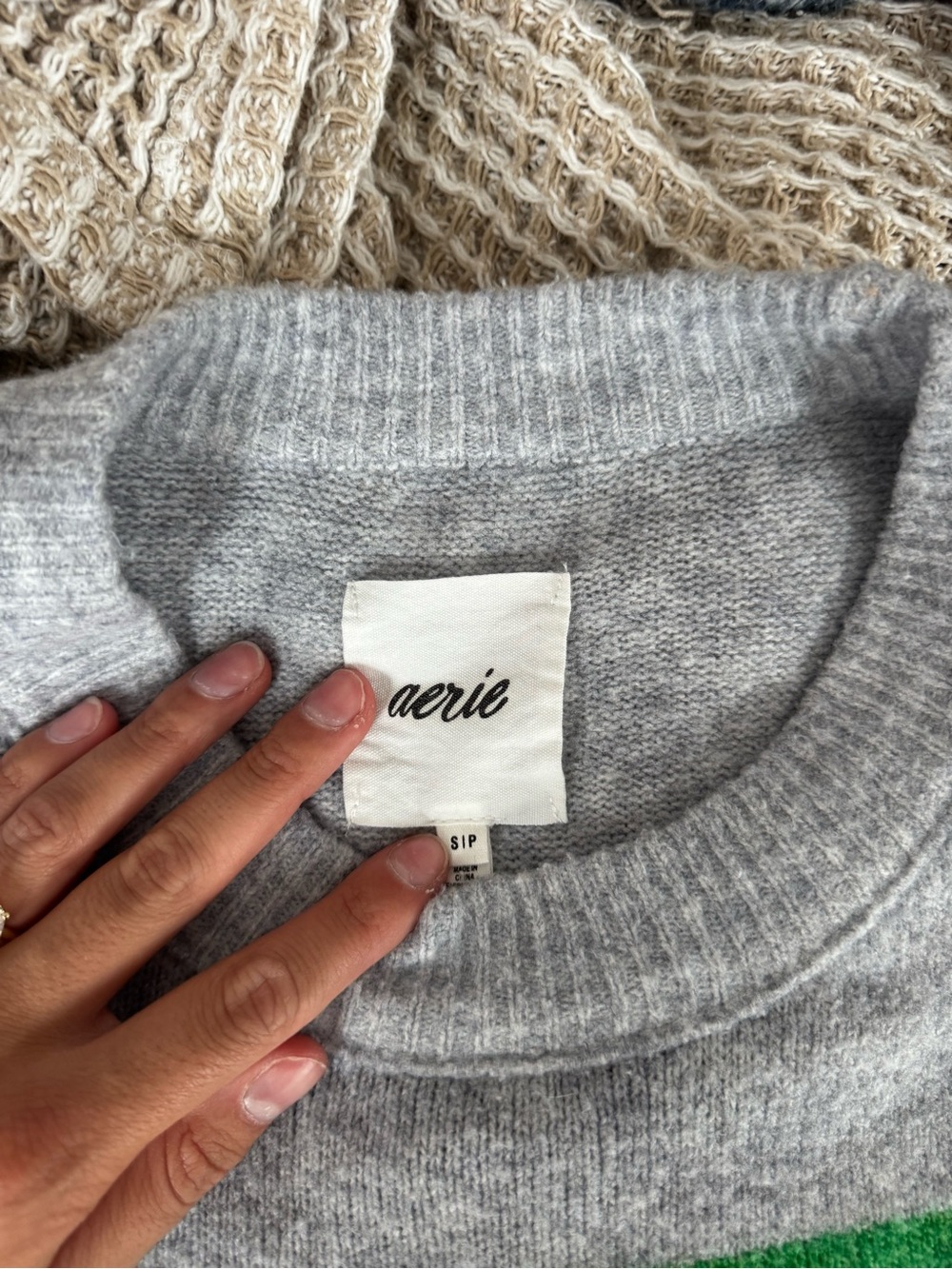 Cozy Gray Knit Sweater with Green Stripes - Picture 2 of 2